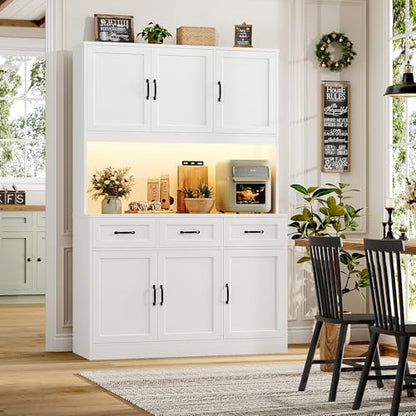 HOSTACK Kitchen Pantry Storage Cabinet, Tall Kitchen Hutch Cabinet, White | 47"W Food Pantry Cabinet with Smart LED / Charging Station / Countertop / 3 Large Drawers, 72"H Storage Hutch, Dining Room - color: White