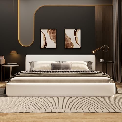 Merax Modern Queen Upholstered Bed Frame with Wingback, Soft Velvet Low Platform Bed, No Box Spring Needed, Easy Assemble, White - color: White, size: Queen