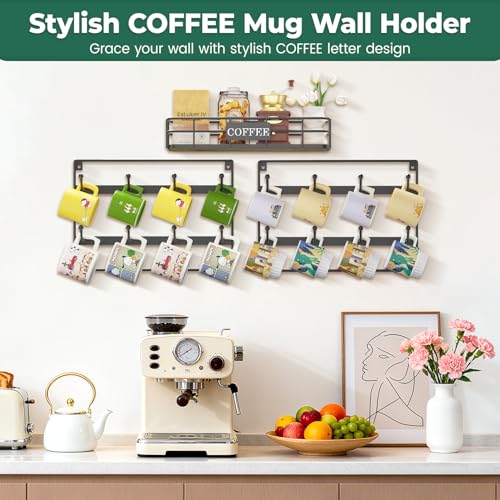 EsLuker.ly Coffee Mug Holder Wall Mounted Display Rack, Black | Metal Cup Hanger Organizer with16 Hooks, Wood Rustic Shelf for Coffee Bar Home Kitchen, Space Saving Wall Storage - style: 16 Hooks with Metal Basket