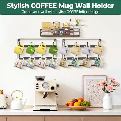 EsLuker.ly Coffee Mug Holder Wall Mounted Display Rack, Black | Metal Cup Hanger Organizer with16 Hooks, Wood Rustic Shelf for Coffee Bar Home Kitchen, Space Saving Wall Storage - style: 16 Hooks with Metal Basket