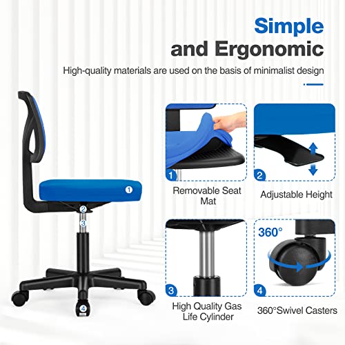 Sweetcrispy Small Armless Desk Chair, Mesh Rolling Office Chairs | Adjustable Ergonomic Lumbar Support, Low-Back, Swivel Wheels, Home Work, Bedroom, Study, Student, Adults, Blue - color: Blue