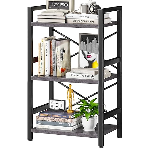 Homeiju Bookshelf, 3 Tier Industrial Bookcase, Metal Small Bookcase, Rustic Etagere Book Shelf Storage Organizer for Living Room, Bedroom, and Home Office(Grey) Patent Pending D29873033 - color: Grey, size: 3 Tier