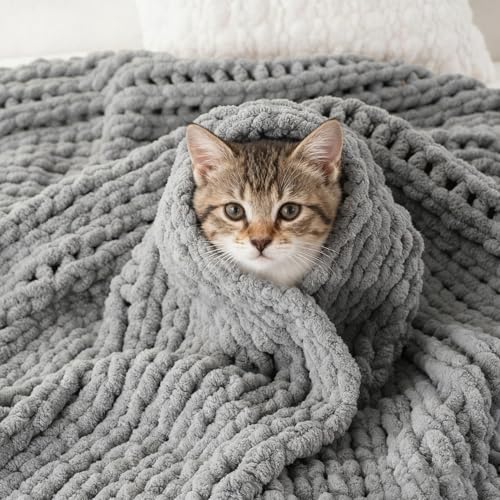 Chunky Knit Throw Blanket for Couch, Light Grey Throw Blanket 50"x60" | Knit Throw Blanket, Soft Thick Chunky Blanket, Hand Made Gray Knitted Throw Blanket for Bed Sofa Living Room - color: Light Grey