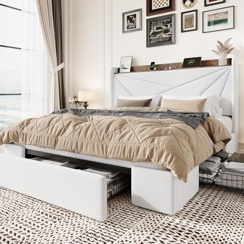 SHA CERLIN Queen Bed Frame, Storage Headboard with Drawers, Charging, White | Velvet Upholstered Bed, Modern Wingback Headboard, 3 Drawers, USB Charging Station, No Box Spring Needed, Easy Assembly - color: White, size: Queen