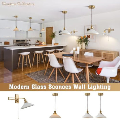Swing Arm Wall Sconce 2-Pack, Brushed Gold Frosted Glass, 17.7" | Pull chain, frosted glass shade, bedside vanity bathroom, mid century wall light - color: A-2Pack