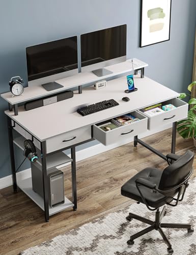 Rolanstar Computer Desk with Power Outlets & LED Light, 55 inch Home Office Desk with Drawers and Storage Shelves, Writing Desk with Monitor Stand, Modern Work Study Desk for Home Office, White