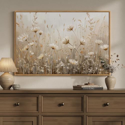 Framed Vintage Rustic Neutral Floral Wall Art for Living Room, 24x36 In | Horizontal, Wood frame, Canvas print, Farmhouse wall decor, Retro flower botanical picture, Bedroom dining room home decor - color: Beige C