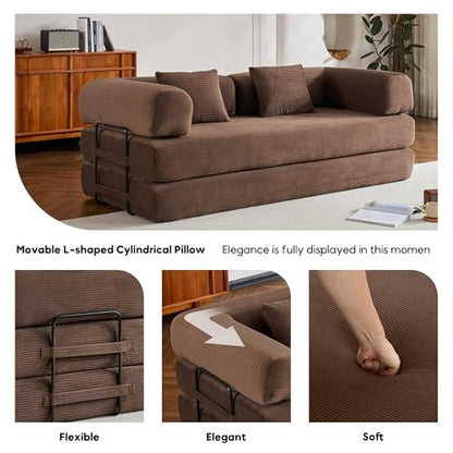 ZEIINPA Convertible Folding Couch Bed, Comfy Corduroy Sleeper Floor Sofa Bed with Fixed-Shape Frame, Floor Sofa with Armrest, Lounge Couch for Living Room Bedroom Lounge Studio, Dark Brown