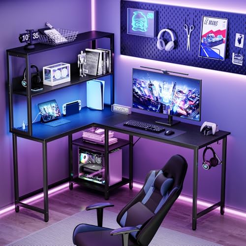 DUMOS L Shaped Desk, Gaming Desk, Power Outlet, 53 Inch | Reversible Corner Computer Table, Adjustable Shelf CPU Stand, Home Office Writing Table, LED, Black - color: Black, size: 53 IN
