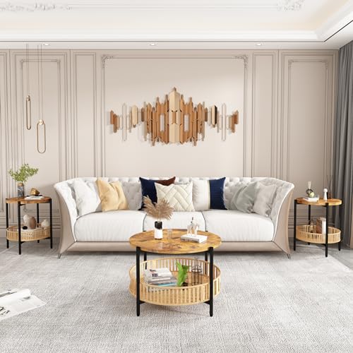 AWQM 3 Pieces Coffee Table Set for Living Room, 2 Tier Round Rattan Coffee End Side Table, Boho Living Room Table Set with Metal Frame for Bedroom Office - size: Set of 3