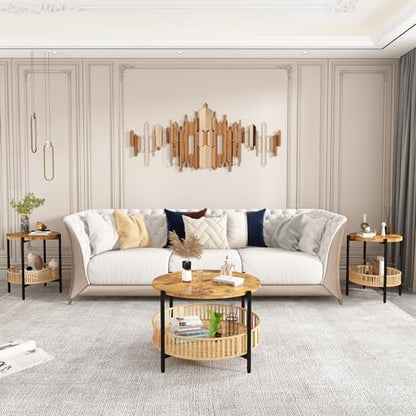 AWQM 3 Pieces Coffee Table Set for Living Room, 2 Tier Round Rattan Coffee End Side Table, Boho Living Room Table Set with Metal Frame for Bedroom Office - size: Set of 3