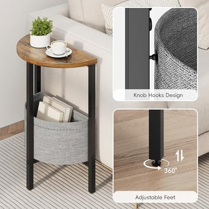 Small Round Side Table, Accent End Table with Storage Basket, Set of 2 Half Round Coffee Table End Table, Half Moon Bedside Table, Modern Nightstand Couch Table for Living Room Bedroom, Brown - color: Rustic Brown