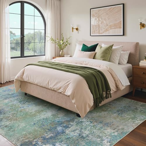 BEIMO Area Rugs 10x14 for Living Room, Blue Green Washable Abstract Rug | Modern Abstract Rug Soft Low Pile Non Slip Bedroom Dining Room Office Large Carpet, Easy Care Vacuum Friendly - color: Aquamarine/Blue Green, size: 10' x 14' (Rectangular)