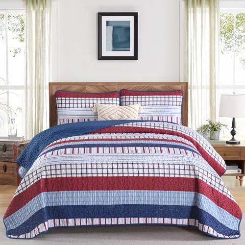 DJY Striped Quilt Set King Size, Red Blue Boho Striped Bedspread Coverlet Set 3 Pieces Lightweight Soft Microfiber Patchwork Quilt Bedding Set for All Season (104"x90") - color: Red Blue, size: King