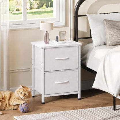 WLIVE White Night Stand, Small Dresser with 2 Drawers & Wooden Top, White | Nightstand with Fabric Bins, Bedside Table End Table for Bedroom, 15-Min Quick-Assembly - color: White, size: 11.8"D x 15.7"W x 20.9"H