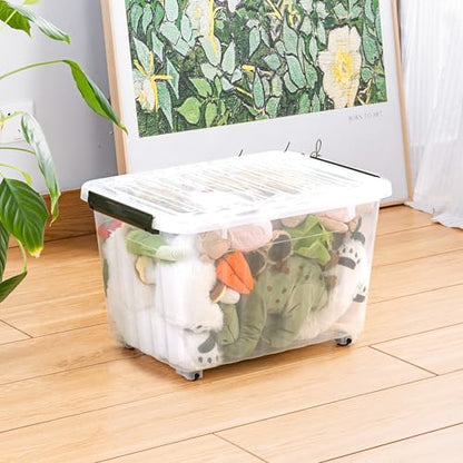 Cetomo 40Qt*4 Plastic Storage Bins, Storage Box, 4 Pack, Organizing Container with Wheels, Durable Lids and Secure Latching Buckles, Stackable and Nestable, Clear with Black Buckle - size: 35L*4