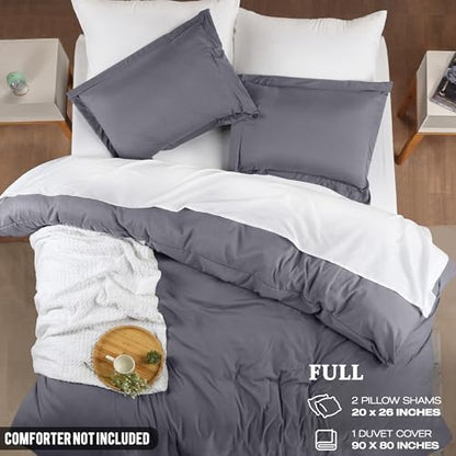 Duvet Cover Full, 3 Piece Cotton Like Polyester With Zipper Closure, Grey | Extra Soft and Breathable, Wrinkle & Fade Resistant, Includes Duvet Cover and 2 Pillow Shams, Comforter Not Included, OekoTex - color: Grey, size: Full - Duvet Cover Set