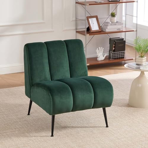 Velvet Slipper Chair, Armless Upholstered Accent Chair with Black Metal Legs, Modern Lounge Chair for Living Room, Bedroom, Office & Reading Nook (Green+Metal) - color: Green+metal