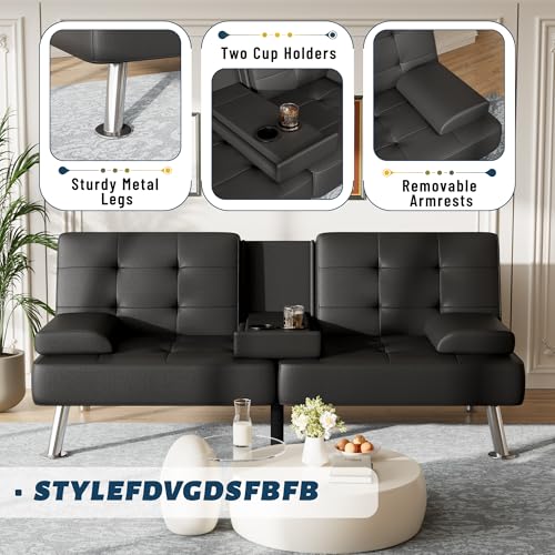 Furmax Leather Futon Sofa Bed, Adjustable Futon Couch for Living Room | Sleeper Sofa Bed with 2 Cup Holders, Reclining Futon Loveseat for Apartment, Business Office & Small Spaces | Black - color: Black