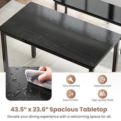 Dining Table Set for 4, Kitchen Table with 2 Benchs, Black | Modern Functional 3 Piece Space-Saving Dining Room Table Set for Apartment, Breakfast Nook, Small Space - color: Black