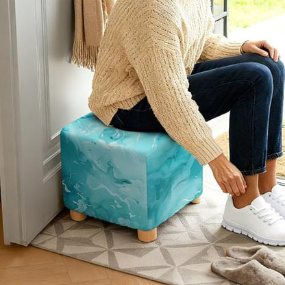 Teal Marble Print Ottoman Cover Square, Storage Ottoman Slipcovers Stretch Footrest Foot Stool Covers Protector with Elastic Band, for Pets - color: Teal Marble