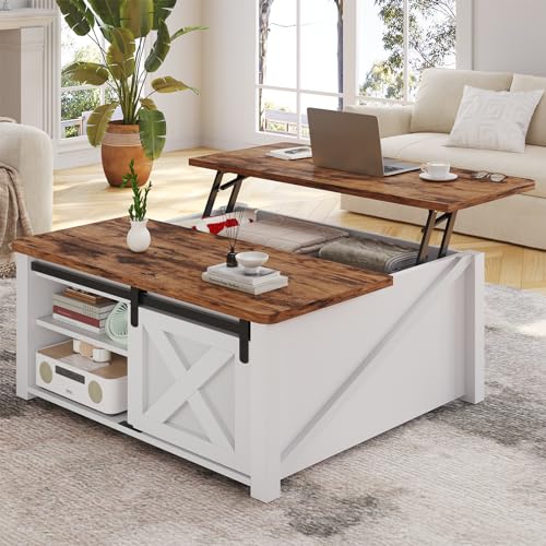 SEDETA 31.5" Lift Top Coffee Table with Storage, Square Coffee Tables for Living Room, Farmhouse Coffee Table with Large Hidden Storage Compartment and Adjustable Shelves, White - color: White