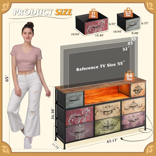 WLIVE LED Dresser TV Stand for 55 Inch TV, 8 Drawers, Pattern | Fits TVs up to 55 inch, 8 fabric drawers, LED chest of drawers, Built-in power outlet, Living room or bedroom - color: Pattern