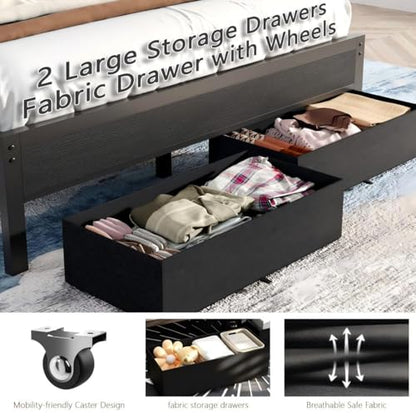 Twin Bed Frames with Storage Drawers and Upholstered Headboard | Metal Platform Bed with Charging Station, LED Lights, 2 Tier Shelves, Fabric Drawers. No Box Spring Needed, Noise Free, Grey - size: Twin