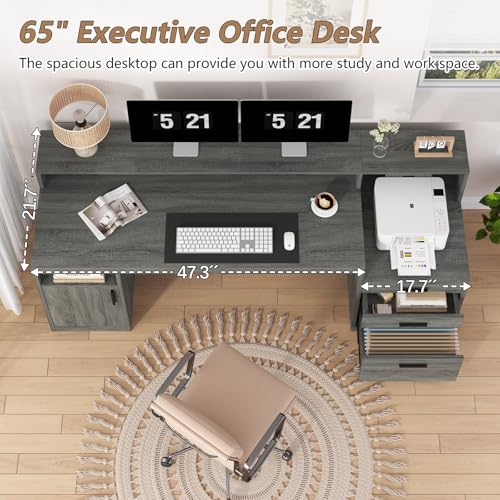 65" Computer Desk with 3 Drawers & Printer Shelf for Home Office | Office Desk with Printer Shelf & File Drawer, Executive Desk Writing Study Table with Monitor Stand, Dark Grey - color: Dark Gray
