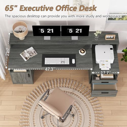 65" Computer Desk with 3 Drawers & Printer Shelf for Home Office | Office Desk with Printer Shelf & File Drawer, Executive Desk Writing Study Table with Monitor Stand, Dark Grey - color: Dark Gray
