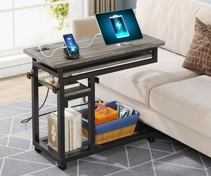 Tribesigns Small Portable Desk with Power Outlet, Height Adjustable Sofa Couch Bedside Laptop Table with Wheels, Mobile Standing Desk Rolling Computer Cart C Side Table with USB Ports - color: Grey
