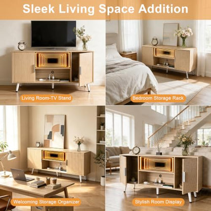 Lightdot 55" Fluted Small Walnut TV Stand with Outlet & Fireplace Light | Media Console with Storage, Mid Century Cabinet Fits 55-65" TV, for Living Room/Bedroom/Sofa Cabinet,Easy Assembly - color: Walnut-mirror/55"