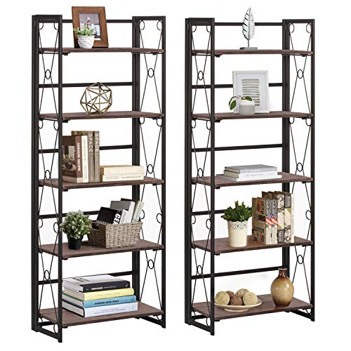VECELO 5 Tier Folding Bookshelf, No-Assembly Folding-Bookshelf, Industrial Tall Bookcase with Metal Frames for Home and Office,Set of 2 - color: Dark Brown, size: 2 Set