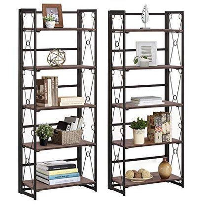 VECELO 5 Tier Folding Bookshelf, No-Assembly Folding-Bookshelf, Industrial Tall Bookcase with Metal Frames for Home and Office,Set of 2 - color: Dark Brown, size: 2 Set
