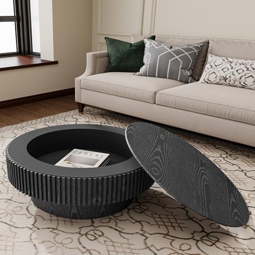 31.5'' Round Coffee Table for Living Room, Solid Wood Veneered Modern Nesting Coffee Tables with Storage, Circle Fluted Drum End Side Accent Tea Table for Bedroom Apartment Office, Black - color: Black, size: 31.5"x31.5"x14"