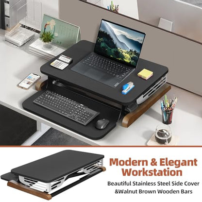 Height Adjustable Standing Desk Converter with Keyboard Tray, 26x16 Inch, Sit to Stand Desk Riser with Elegant Side Cover and Wooden Feet, Compact Monitor and Laptop Riser for Home & Office, Black