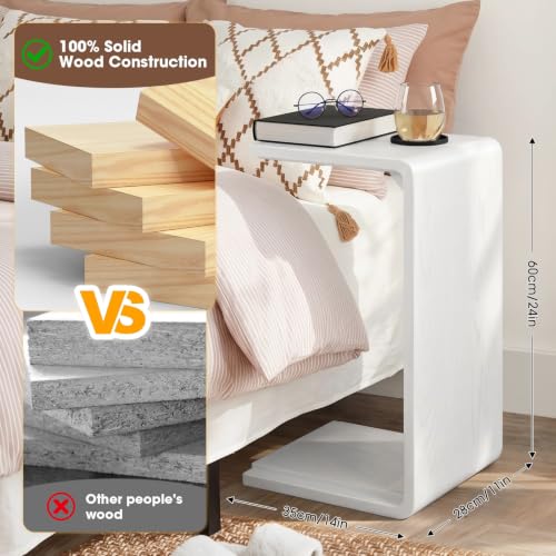 Solid Wood C Shaped Sofa Side Table, Small End Table for Couch, Modern Simple Narrow Table for Small Spaces, Mini Coffee Table for Living Room, Bedroom, Bedside (Whitewash) - color: Whitewash