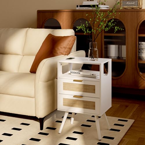 Rattan Nightstand,Farmhouse Bedside Table with 2 Storage Drawer and Open Wood Shelf, for Bedroom and Small Spaces,Night Stand with Solid Wood Legs (White) - color: White