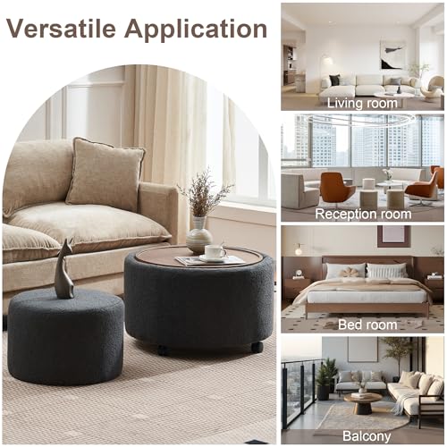 28 Inch Round Storage Ottoman with Wheels Set of 2, Multifunctional Coffee Table Ottoman with Removable Solid Wood Lid, Modern Circle Ottoman Foot Rest for Living Room, Bedroom, Dark Gray - color: Dark Gray