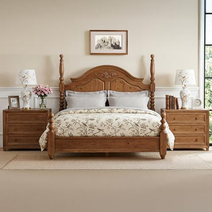 Solid Wood Nightstand with 3 Drawers, 31.5” Wide Bedside Table with Round Wooden Knobs & Low-Profile Legs for Stability, Mid-Century Modern Night Table for Bedroom, Easy Assembly
