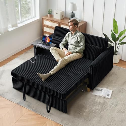 anwickjeff 54'' Corduroy 3-in-1 Convertible Sofa Bed, Pull Out Sleeper Loveseat Couch with USB Ports & Storage Pockets, Futon Couches for Small Space, Living Room, Apartment (Black New) - color: Black New
