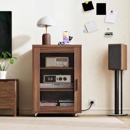Media Cabinet with Charging Station, Stereo Cabinet with Wheels, Audio-Video Media Stand with Adjustable Shelves and Mesh Door, AV Rack for Living Room, Home Theater, Walnut MBZ23UHT