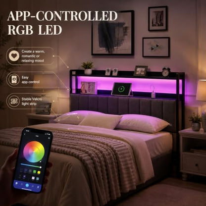 Upholstered Queen Headboard with Storage and USB (Queen (U.S. Standard)) | bedroom dorm apartment, soft vertical panel, adjustable height, LED Light, bed frame adapters, queen size headboard only - size: Queen (U.S. Standard)