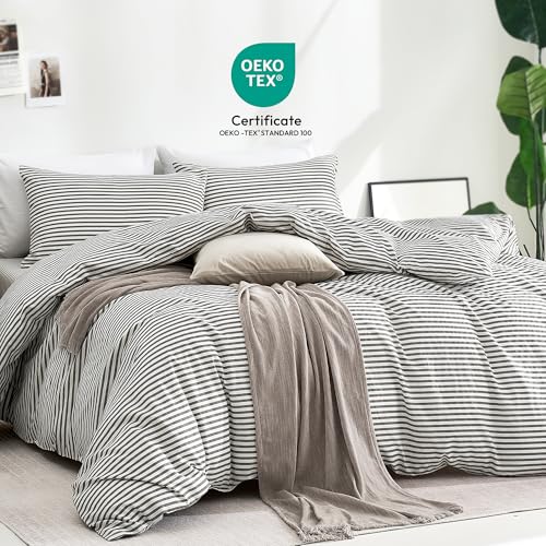 JELLYMONI 100% Cotton Classic Striped Twin Duvet Cover Set, Grey | Breathable Softness, Oeko-Tex Certified, Classic Stripes, 8 Corner Ties & Double Hidden Zipper - color: Classic Stripe - Grey/ Whtie, size: Twin(68"×90")