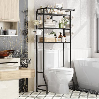 Simple Trending Over The Toilet Storage Cabinet, Metal Bathroom Shelf Organizer with Paper Holder and Hooks, 3 Tier, Black - color: Black With Towel Rack