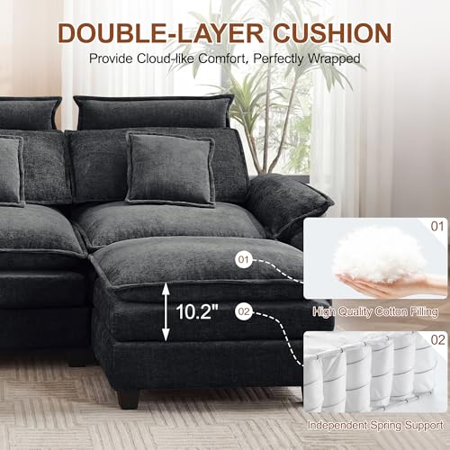 134'' U Shaped Sectional Couch, Cloud Deep Seat Sofa Couch with 2 Ottoman, Detachable Headrest, Oversized Modular 5 Seater Sofas for Living Room, Dark Grey - color: Dark Grey, size: U Shaped Couch