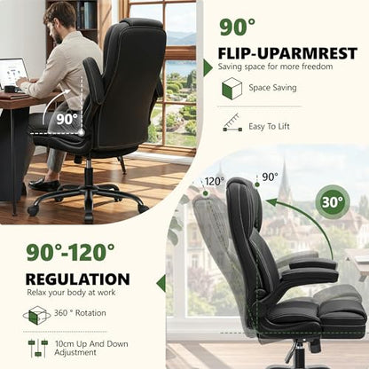 Leather Office Chair with Flip Up Arms, 360° Swivel Ergonomic Desk Chair with Wheels, Adjustable Height Computer Chair with Padded Seat for Home Office, Study,Gaming Room, Black - color: Black