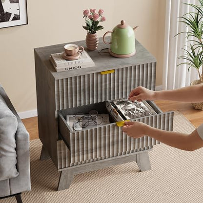 Fluted Nightstand with 3 Large Drawers, Wooden Side End Table with Elevated Legs for Easy Cleaning, Sturdy Modern Beside Table for Small Space, Bedroom, Grey, 24" L - color: Grey