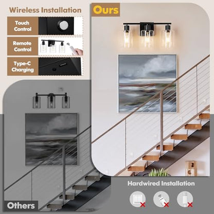 Battery Operated Wall Sconce, 3-Light Black Wireless Rechargeable Vanity Light Fixture with Remote & Bulbs, Dimmable Modern Indoor Non-Hardwired Wall Mounted Lamp for Bedroom, Living Room, Bathroom - color: Black