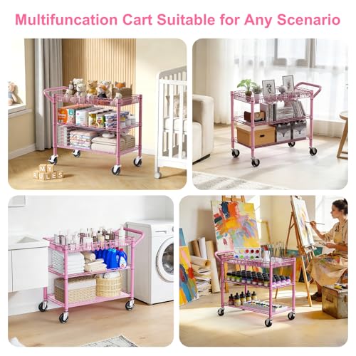 Pink Rolling Utility Cart with Wheels, 990Lbs Heavy Duty Metal Cart with Handle & Shelf Liners, NSF Certified 3-Tier Storage Trolley for Esthetician, Kitchen, Salon & Craft Room, Pink - color: Pink-3 Tier